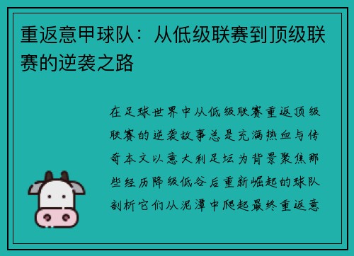 重返意甲球队：从低级联赛到顶级联赛的逆袭之路